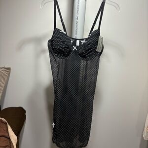 Vtg Black Polka Dot Bustier Slip Sz 42C Y2K Bows Stretch Sexy NWT Halloween